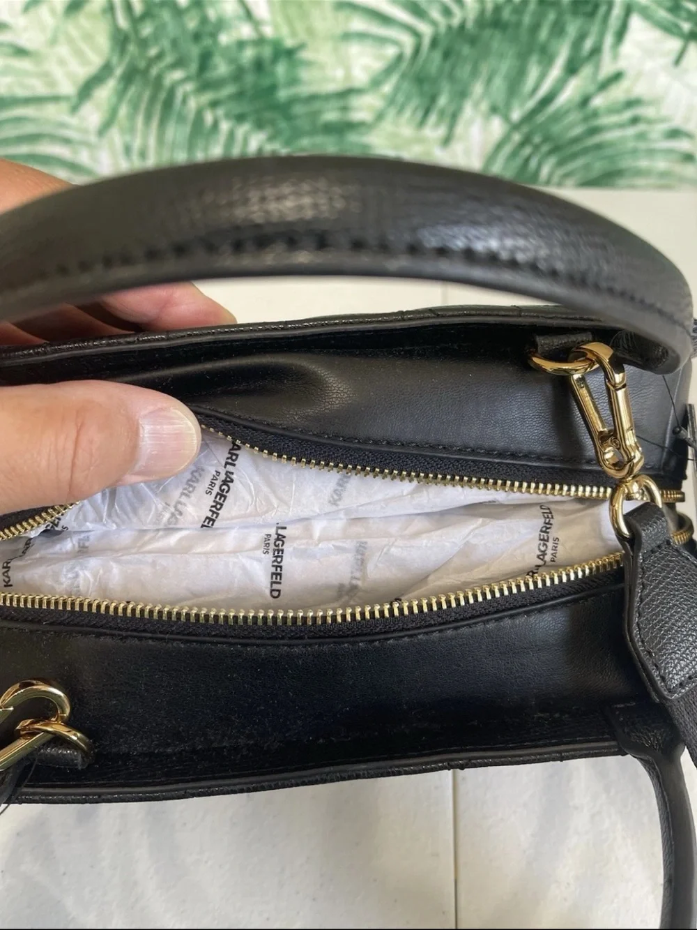 Karl Lagerfeld Black Quilted Satchel with Pink and Gold Charm Details